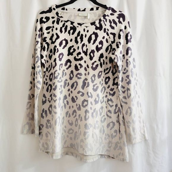 LOGO Loung‎ Knit Tunic Top XS Black Off-White Animal Print Long Sleeve Pockets - Picture 1 of 11